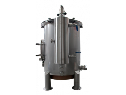 Stainless steel alembic for professional oil distillation, side view