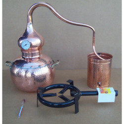 Alambicco tradizionale a 10 litri, Termometro, Etilometro, griglia di rame, bruciatore a gas