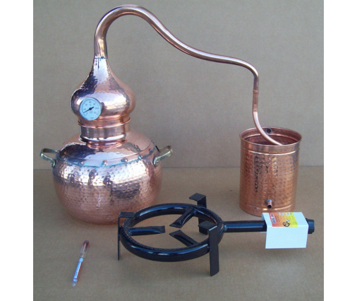 Alambicco tradizionale a 10 litri, Termometro, Etilometro, griglia di rame, bruciatore a gas