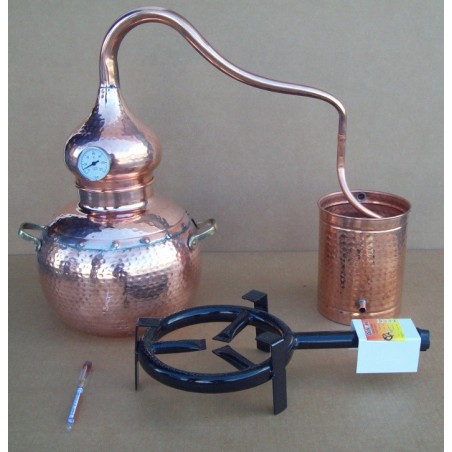 Alambique tradicional de cobre de 15 litros termómetro, alcoholímetro, rejilla de cobre y quemador de gas.